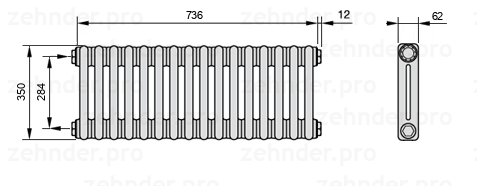 Схема (чертеж) Радиатор Zehnder Charleston 2035/16 №1270 Белый глянцевый RAL 9016